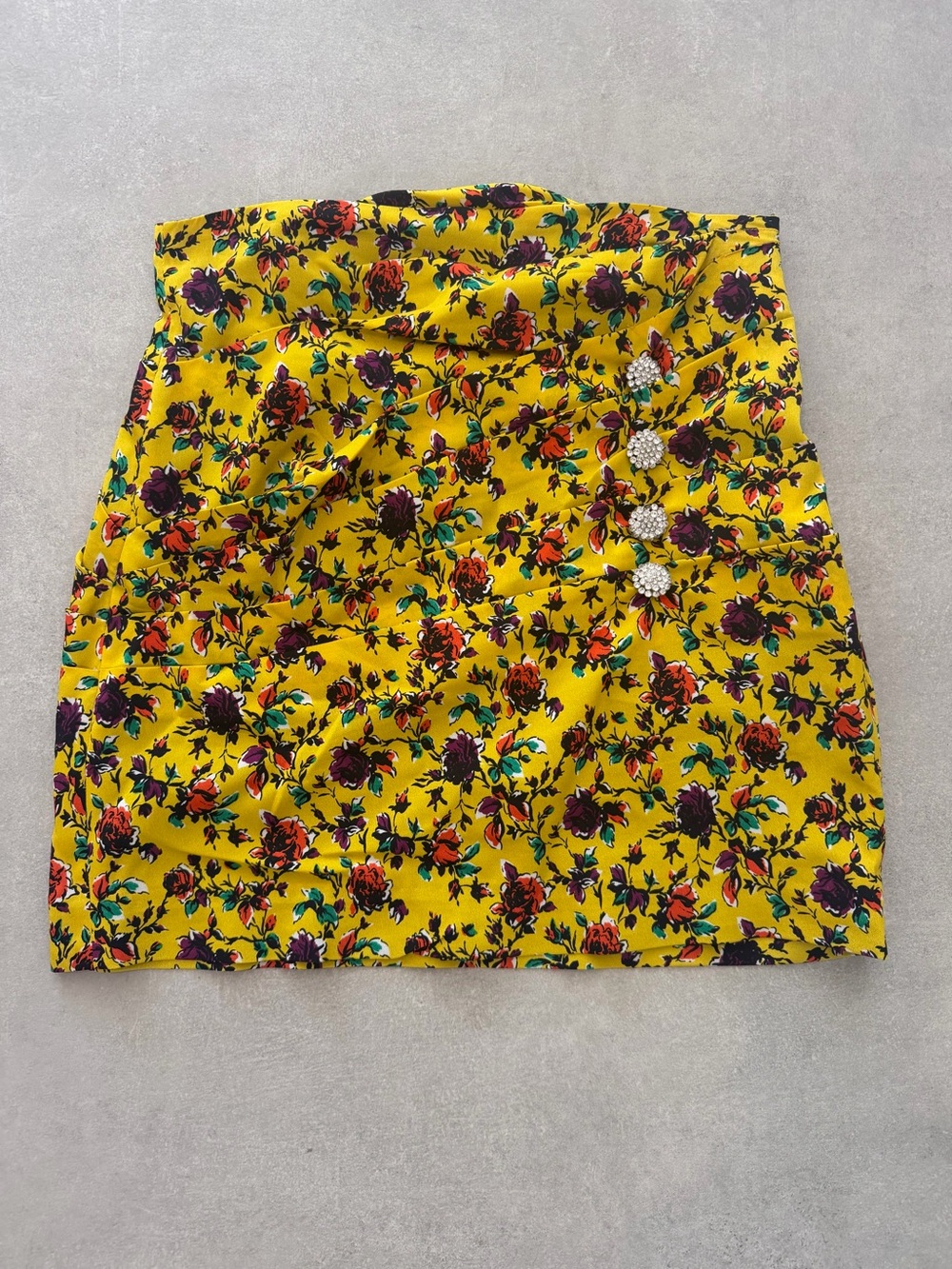 Zara Yellow Floral Mini Skirt with Crystal Button Detail